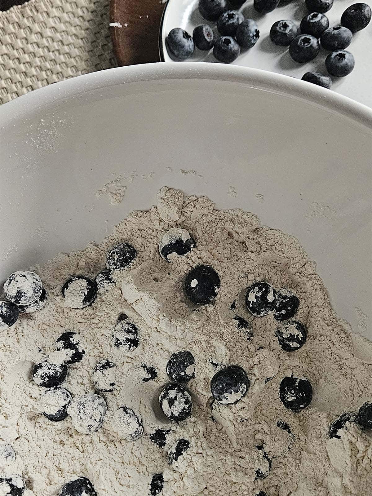 Sourdough blueberry dry ingredients and blueberries in a white bowl.