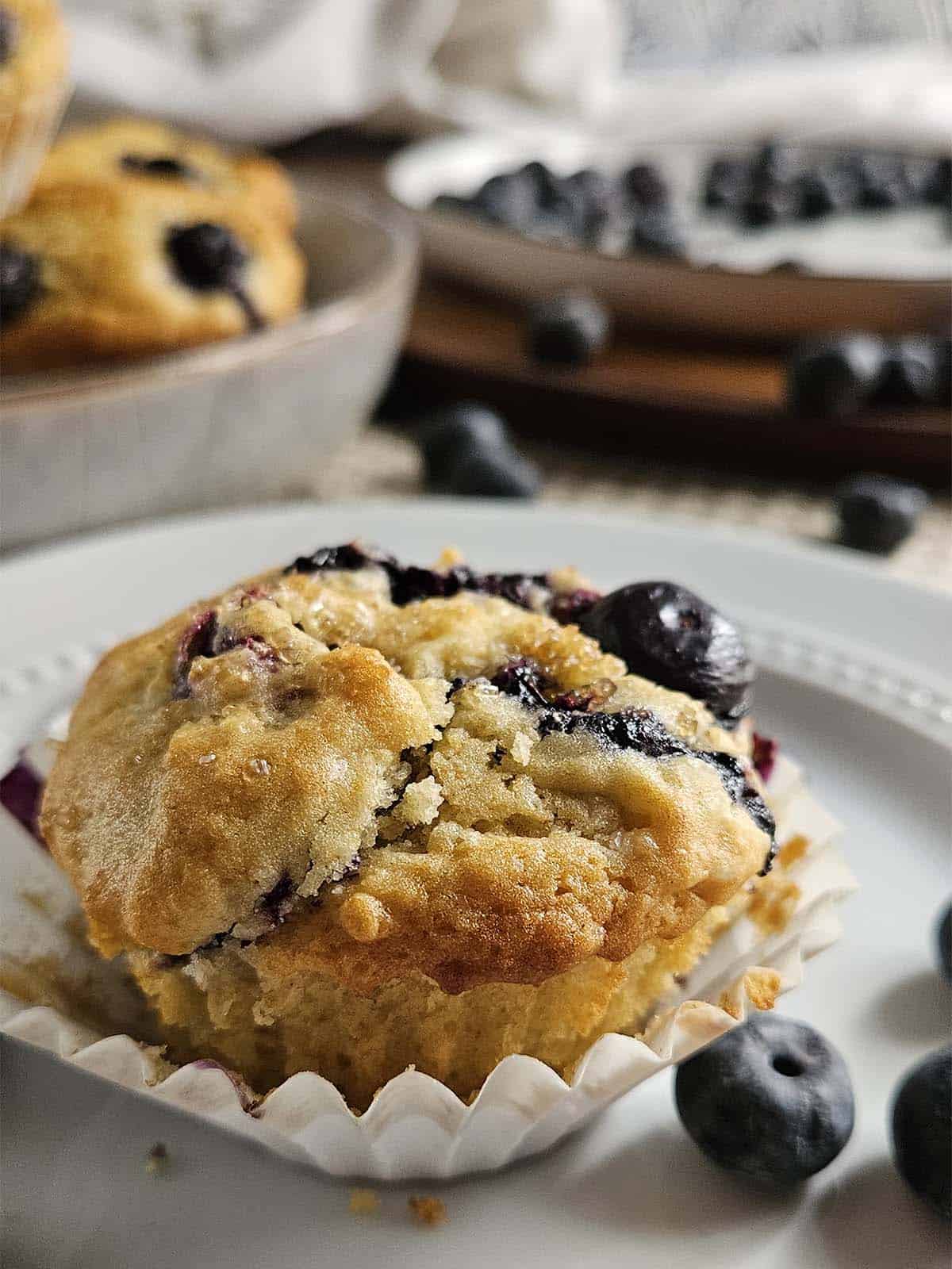Sourdough Blueberry Muffin on a white plate surrounded by blueberries.